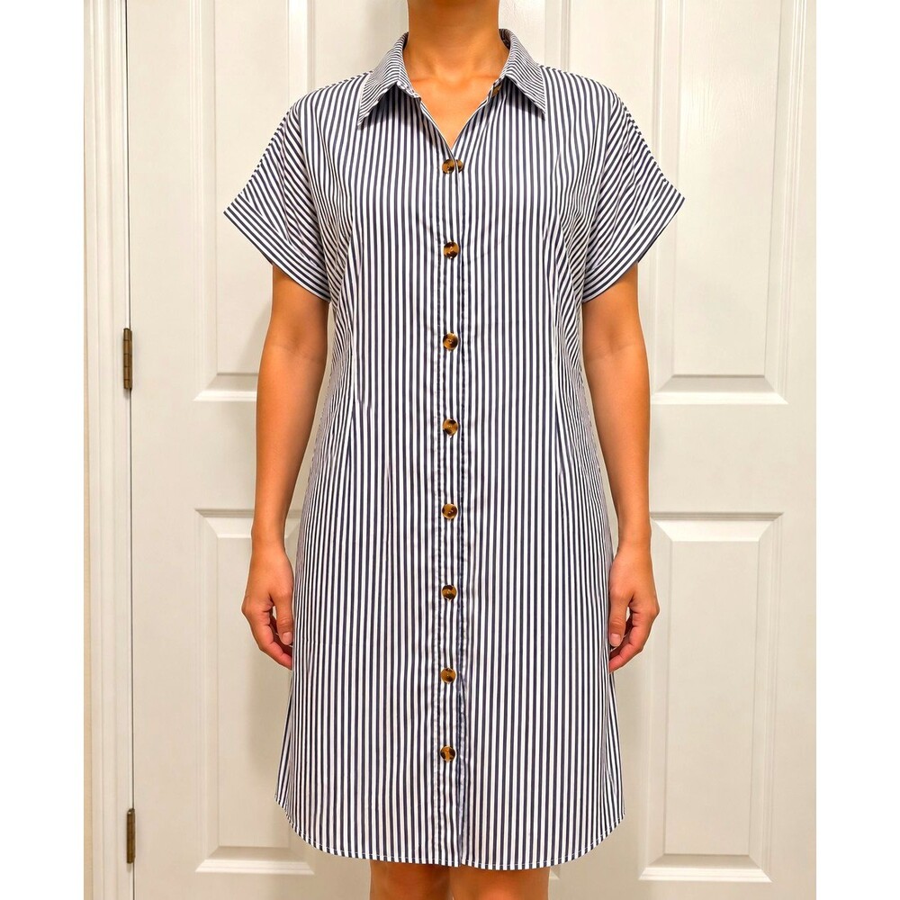 Women's White & Gray Striped Collared Button Front Shirt Dress size L